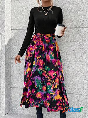 Womens retro floral print pleated long-sleeved maxi dress