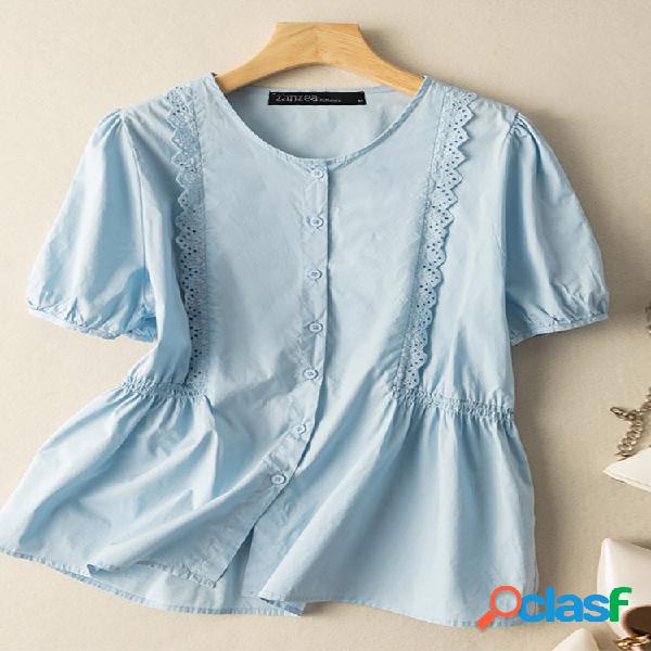 Chemise décontractée à manches courtes pour femmes, épissure de dentelle, taille froncée