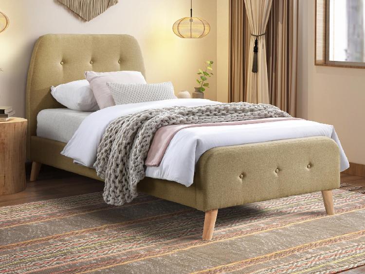 Lit 90 x 190 cm avec tête de lit capitonnée tissu beige + Lit 90 x 190 cm avec tête de lit capitonnée tissu beige +
