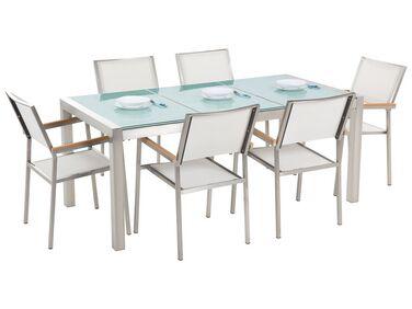 Set de jardin plateau en verre avec 6 chaises blanches 180