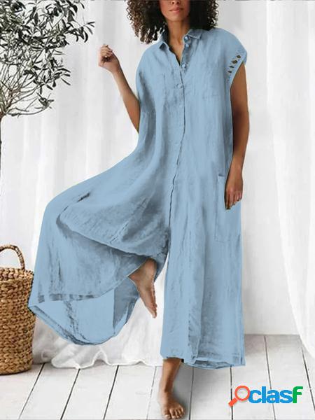Col de Chemise Manches Courtes Unicolore Coton Lin Combinaison