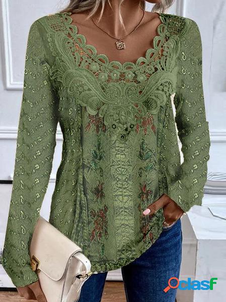 Décontracté Aléatoire Imprimé Col Rond Dentelle Chemise