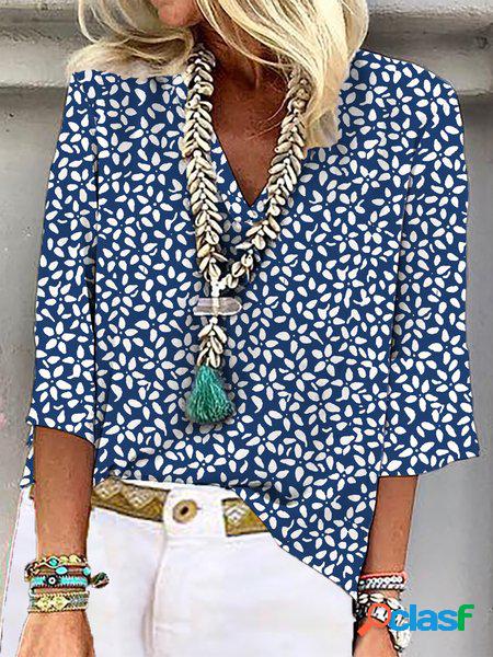 Décontracté Floral Manches 3/4 Col V Imprimé Top