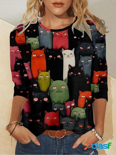 Marrant Chat Décontracté Col Rond Manches Longues Chemise