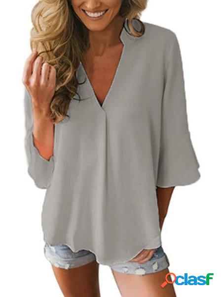 Plain Ample Col V Manches Courtes Top