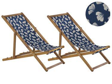 lot de 2 chiliennes en bois clair et tissu motif floral bleu