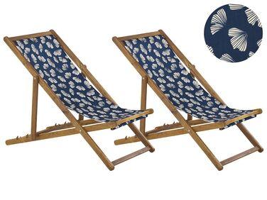 Lot de 2 chiliennes en bois clair et tissu motif floral bleu