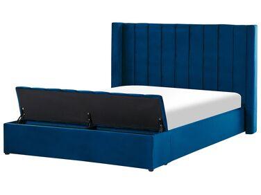 Lit avec banc de rangement velours noyers 160 x 200 cm bleu Lit avec banc de rangement velours noyers 160 x 200 cm bleu
