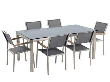 Ensemble de jardin table en verre noire et 6 chaises grises