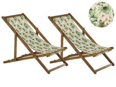 Lot de 2 chiliennes en bois clair et tissu motif floral vert