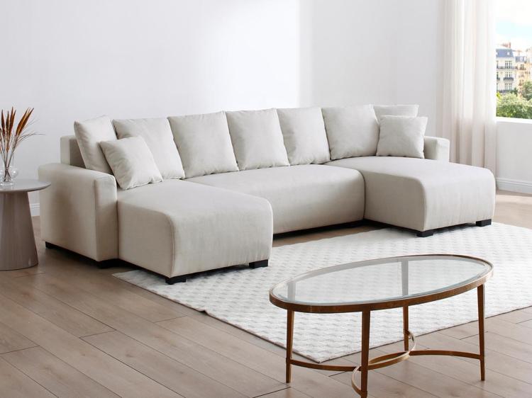 Canapé d&#39;angle panoramique convertible en tissu beige