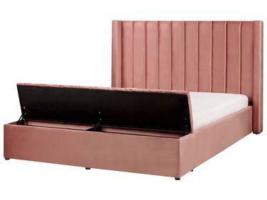 Lit avec banc de rangement velours noyers 160 x 200 cm rose Lit avec banc de rangement velours noyers 160 x 200 cm rose