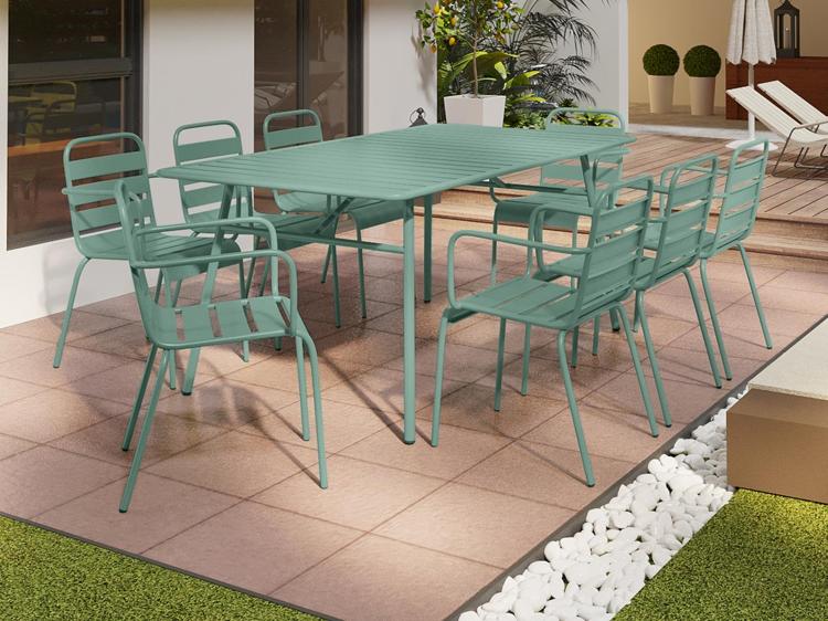 Salle à manger jardin métal table et 8 fauteuils empilables