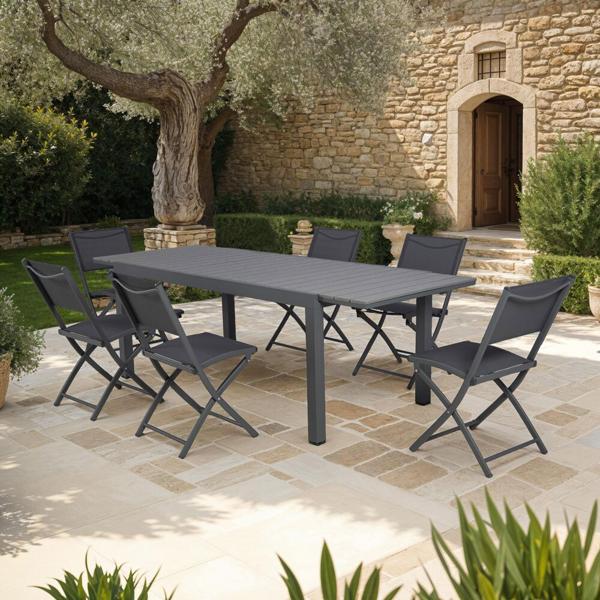 Ensemble table de jardin 180/240cm + 6 chaises gris - dinan Ensemble table de jardin 180/240cm + 6 chaises gris - dinan