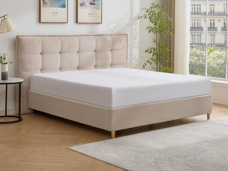 Lit 180 x 200 cm avec tête de lit capitonnée en tissu beige