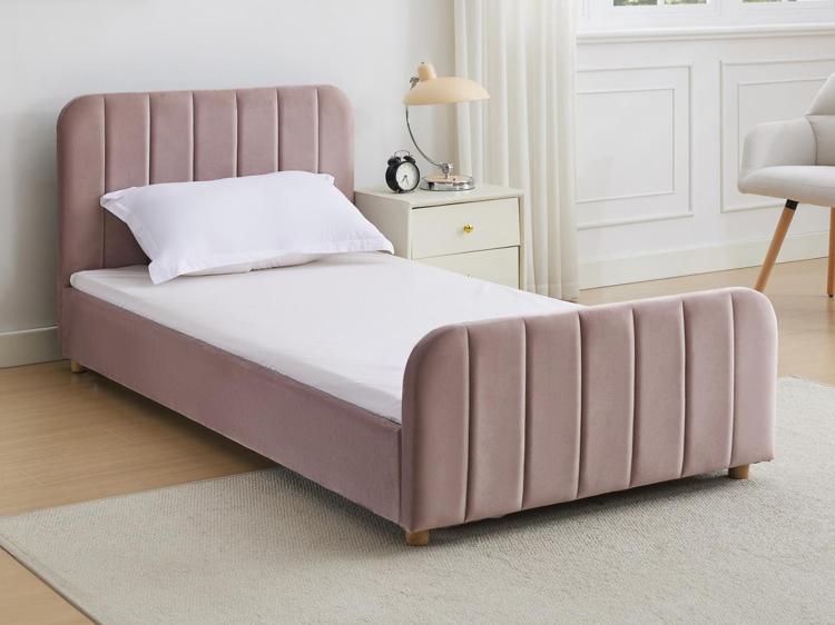 Lit 90 x 190 cm en velours avec coutures verticales rose -