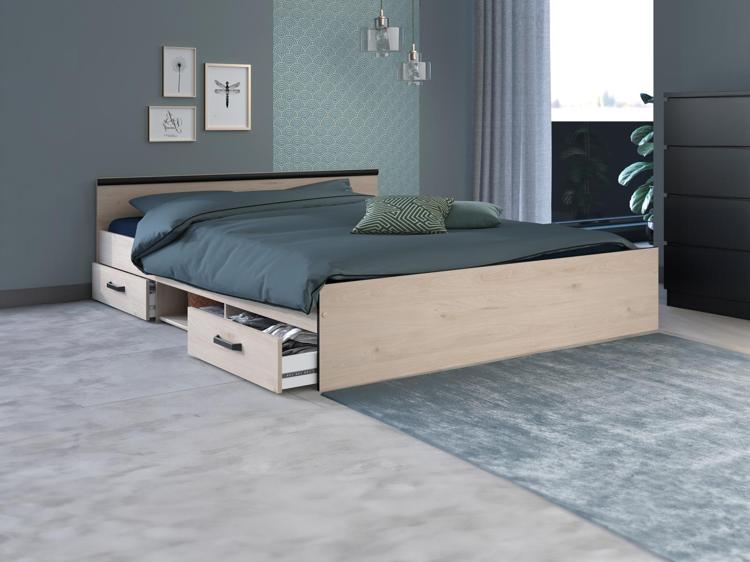 Lit avec rangements 160 x 200 cm coloris naturel + sommier + Lit avec rangements 160 x 200 cm coloris naturel + sommier +
