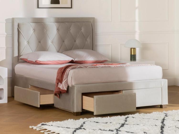 Lit avec tiroirs tissu velours beige 140 x 190 cm + matelas Lit avec tiroirs tissu velours beige 140 x 190 cm + matelas