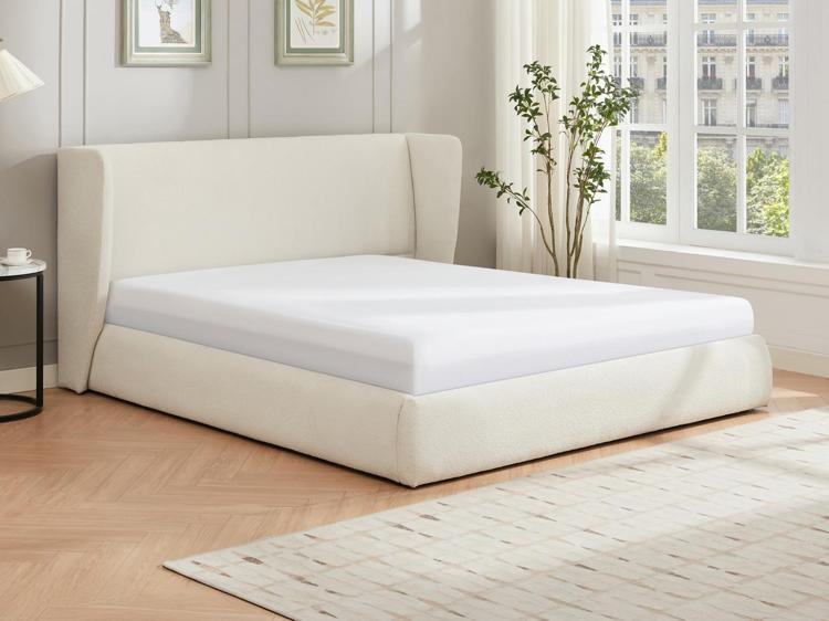 Lit coffre 180 x 200 cm en tissu bouclette crème - cortaga Lit coffre 180 x 200 cm en tissu bouclette crème - cortaga