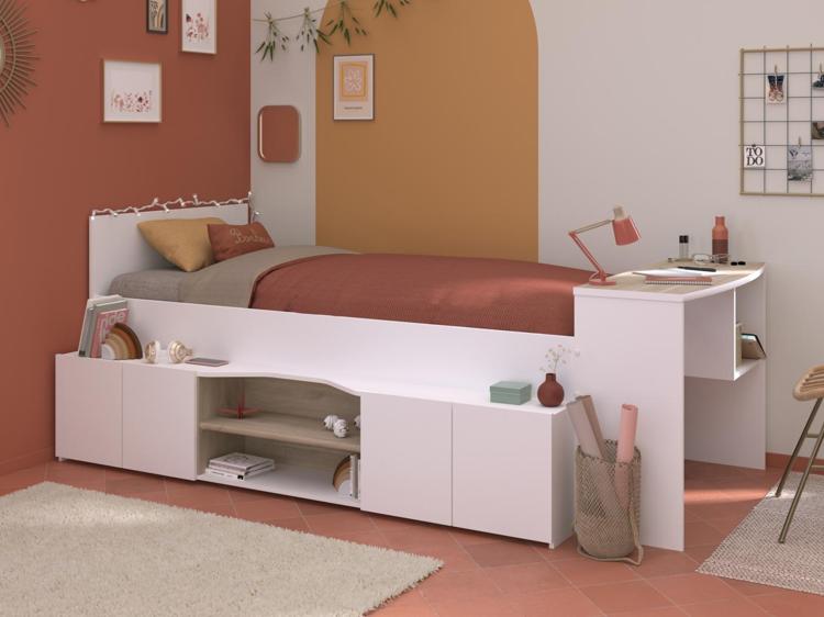Lit combiné 90 x 190/200 cm avec bureau et rangements blanc Lit combiné 90 x 190/200 cm avec bureau et rangements blanc
