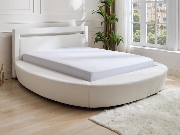 Lit rond 160 x 200 cm avec leds en simili blanc + matelas - Lit rond 160 x 200 cm avec leds en simili blanc + matelas -