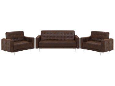 Ensemble canap/xc3/xa9 et fauteuils en cuir pu marron 5