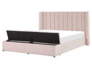 Lit avec banc de rangement velours noyers 160 x 200 cm rose