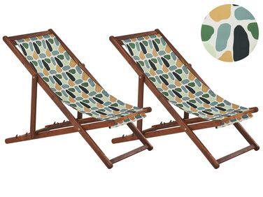 Lot de 2 chiliennes en bois fonc/xc3/xa9 et tissu motif Lot de 2 chiliennes en bois fonc/xc3/xa9 et tissu motif