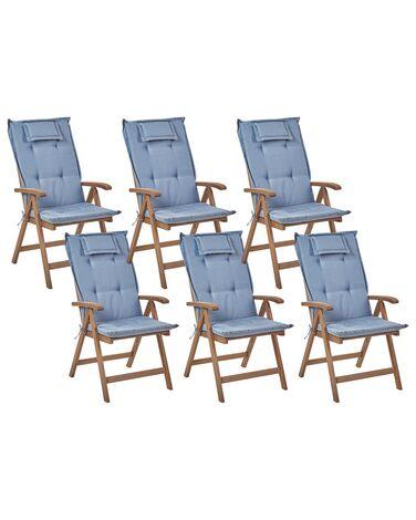 Lot de 6 chaises de jardin avec coussins amantea acacia bleu Lot de 6 chaises de jardin avec coussins amantea acacia bleu