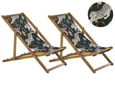 Lot de 2 chiliennes en bois clair et tissu motif animal Lot de 2 chiliennes en bois clair et tissu motif animal