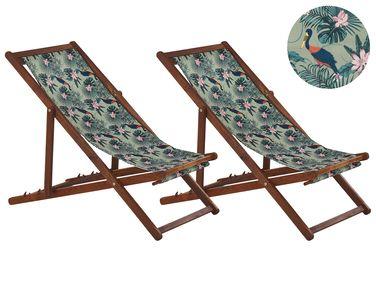 Lot de 2 chiliennes en bois fonc/xc3/xa9 et tissu motif Lot de 2 chiliennes en bois fonc/xc3/xa9 et tissu motif